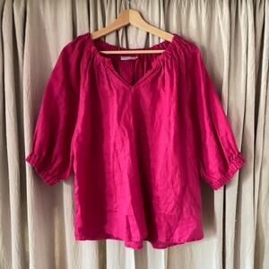 Foil 100% Linen Peasant Blouse US 14 Magenta Pink V-Neck Balloon Sleeve